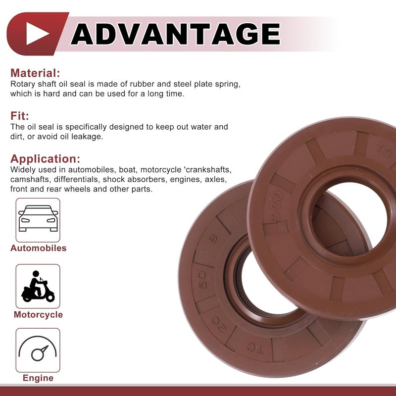 HEROFFIX Universal Oil Seal TC Seal Ring Rotary Shaft Seal 20x50x8mm High Pressure FKM Rubber Brown 2 Pcs - Image 4